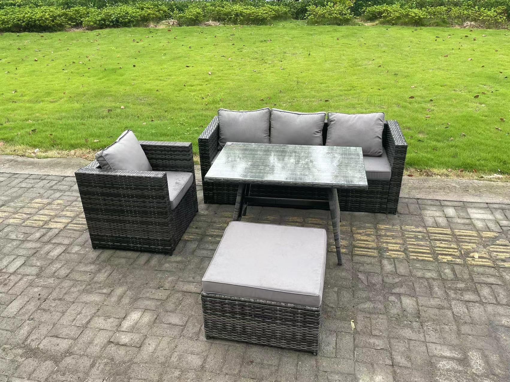 Rattan Outdoor Furniture Garden Dining Set with Oblong Dining Table Armchair Big Footstool Dark Grey